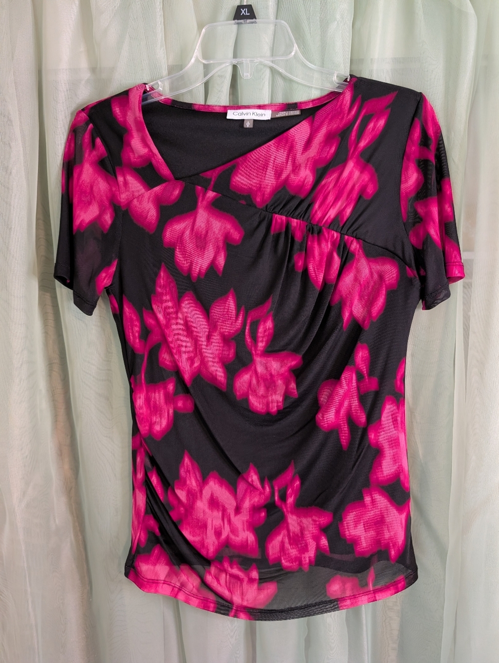 Calvin Klein Black Top with Bright Pink Floral Print - Short Sleeve